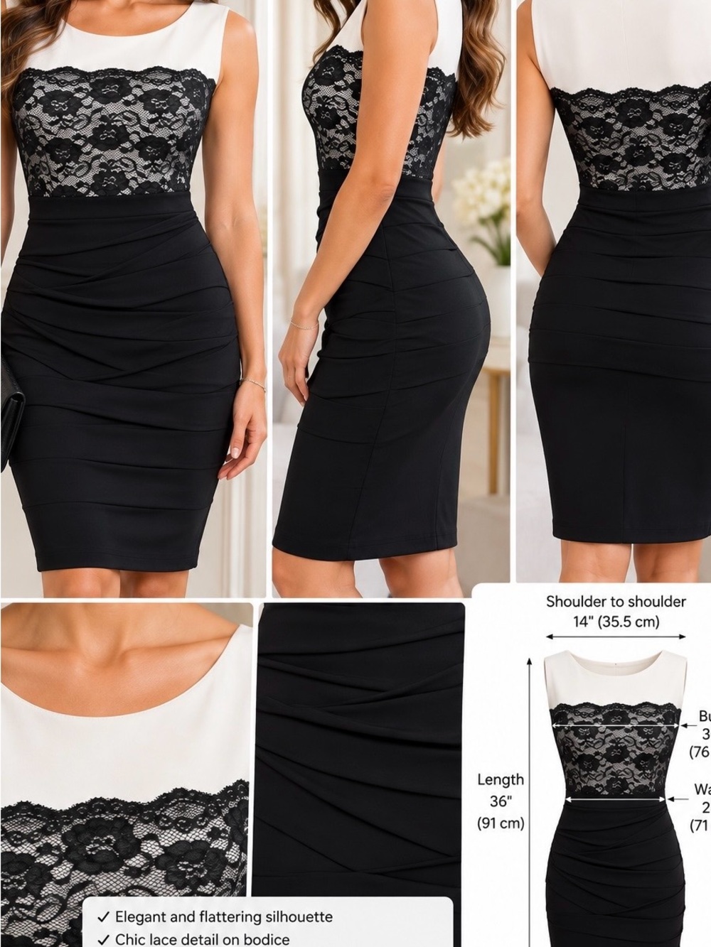 connected apparel Black and White Lace Sheath Midi Dress